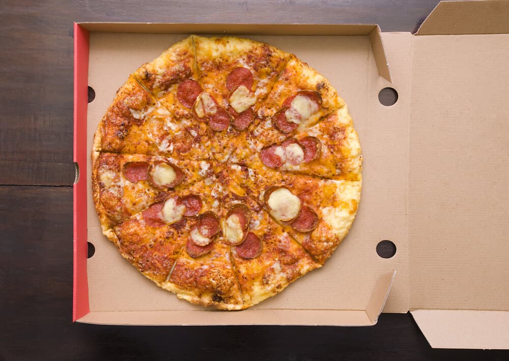 Pizza placed in a food packaging box
